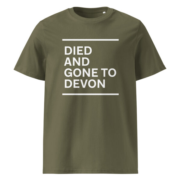 DIED AND GONE TO DEVON (white print) - Unisex organic cotton t-shirt